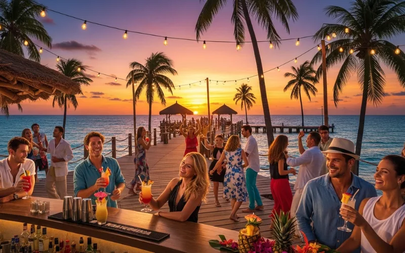 “lively beach bar on pier, people dancing, drinks, sunset party vibe, Caribbean music atmosphere”