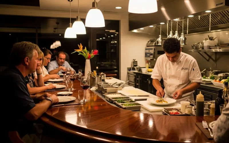 “intimate chef table dining, guests seated around curved bar, chef plating gourmet dishes, open kitchen, elegant lighting, luxury restaurant atmosphere, Aruba”