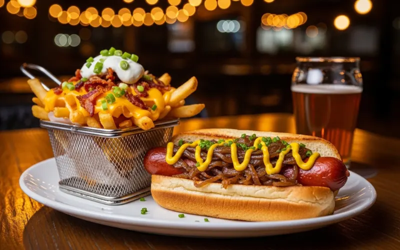 Hot dog and loaded fries, Main Street USA castle view, outdoor seating, evening lights