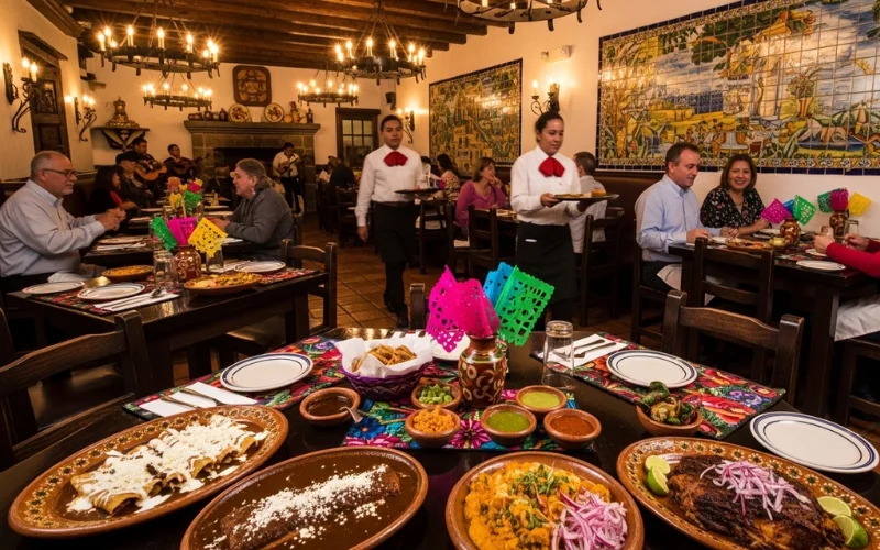 Historic restaurant interior with traditional Mexican dishes