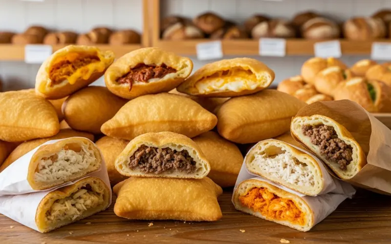 “pastechi aruba street food, fried pastries, crispy golden snack, handheld food, casual bakery setting”