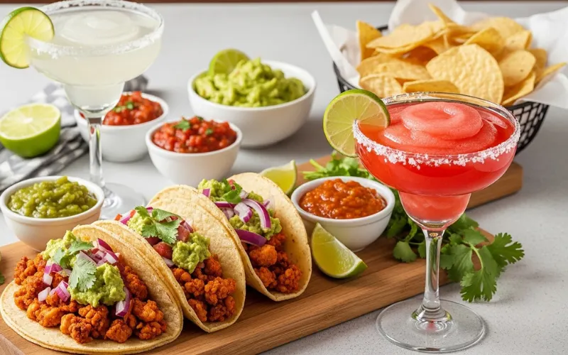 Colorful tacos and margaritas, modern taqueria, vibrant Mexican street food style