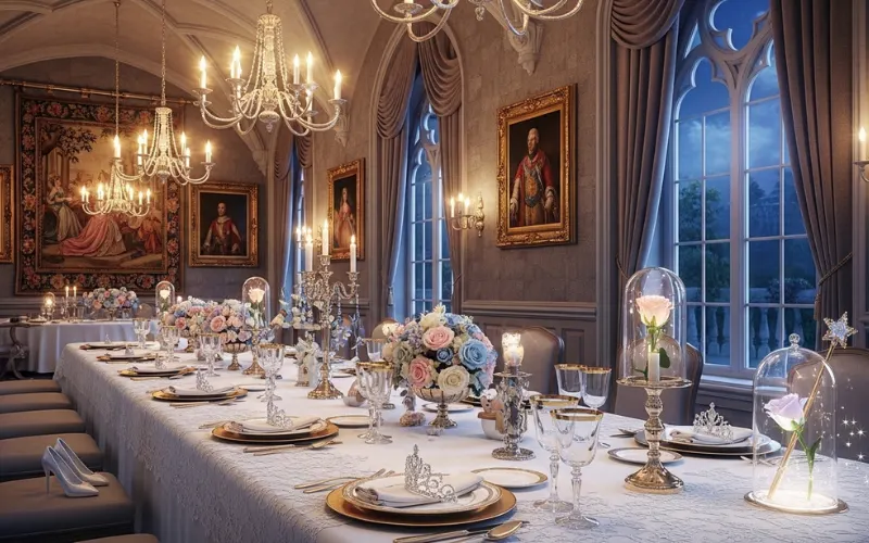 Dining inside castle, princess themed restaurant, elegant fairytale dining hall, royal table setting
