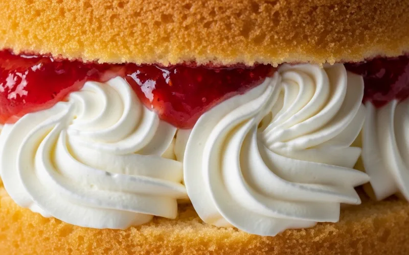 “Jam and whipped cream filling spread inside sponge, soft peaks cream texture, close-up”