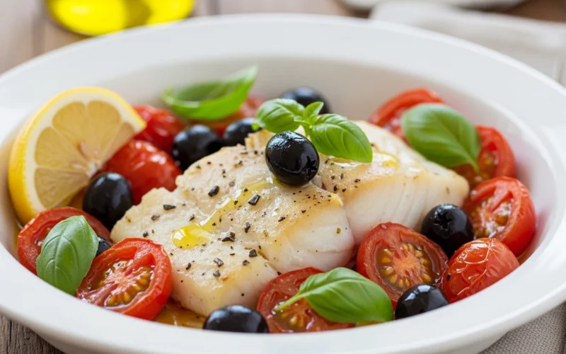Baked cod with tomatoes and olives