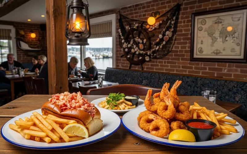 Lobster roll and fried shrimp platter, nautical themed restaurant interior, cozy upstairs seating