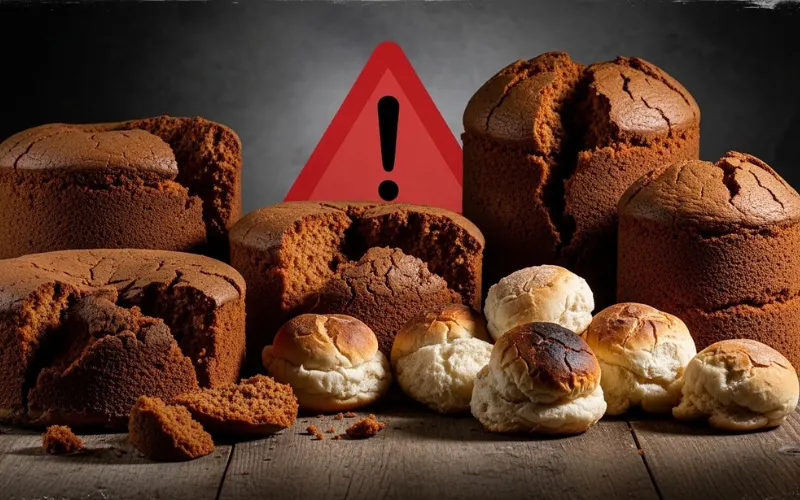 “Overbaked cracked sponge, thick batter, failed roll examples, instructional warning style”