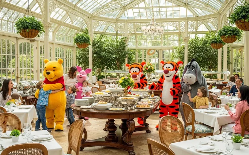 Bright glass Victorian restaurant, buffet dining, Winnie the Pooh character dining, family restaurant scene