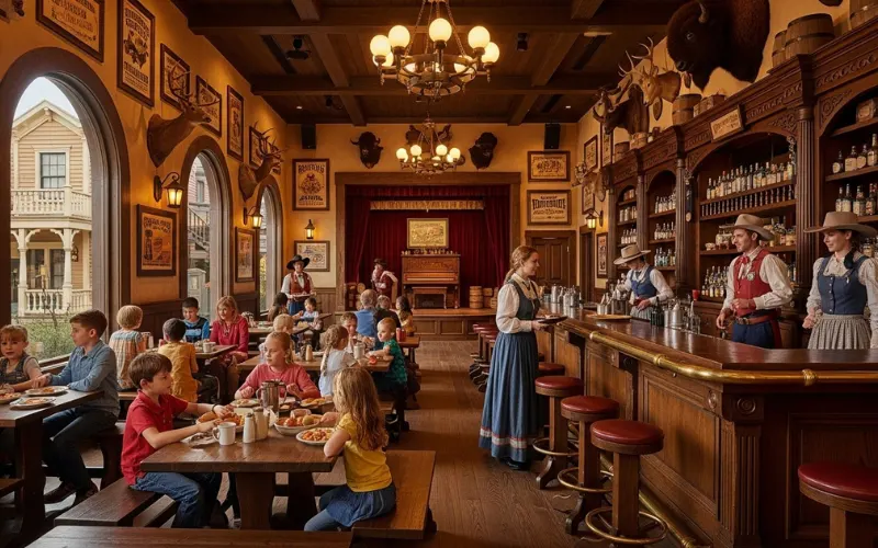 Western saloon themed restaurant, rustic wooden interior, vintage decor, family dining, warm lighting, Disney theme park style