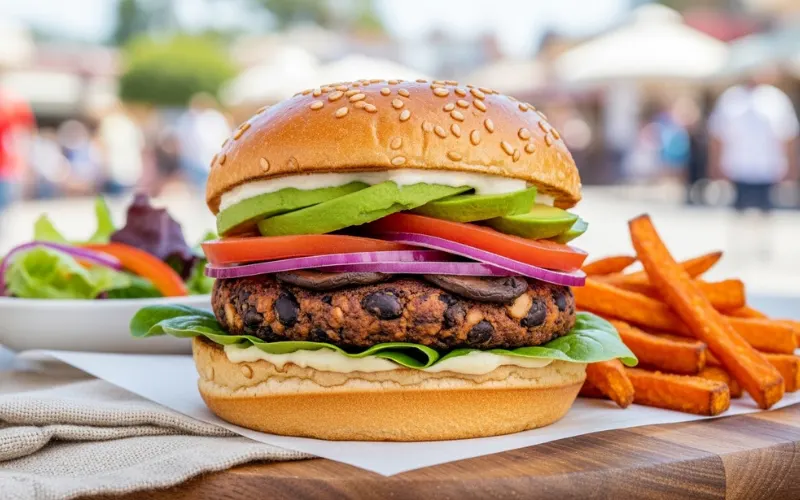 Plant-based theme park food, allergy-friendly meal, gluten-free bun burger, clean food photography
