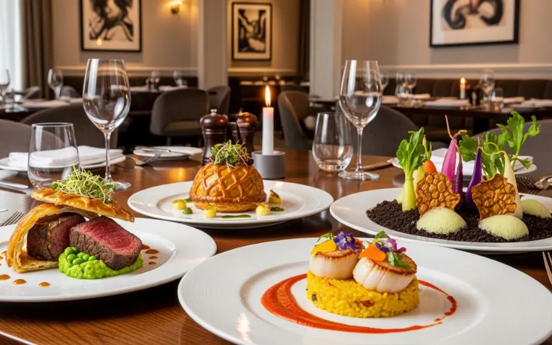 “fine dining tasting menu artistic plating, michelin style food presentation, luxury restaurant interior, gourmet dishes”