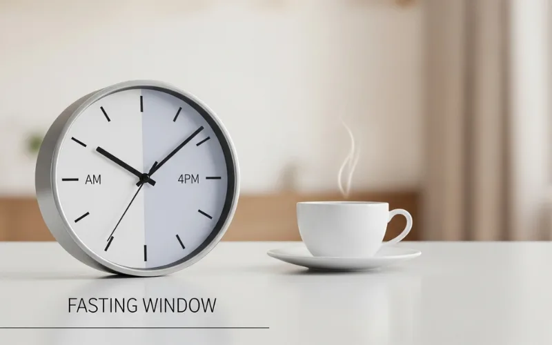 “Clock and coffee cup with fasting window concept, clean minimal design”