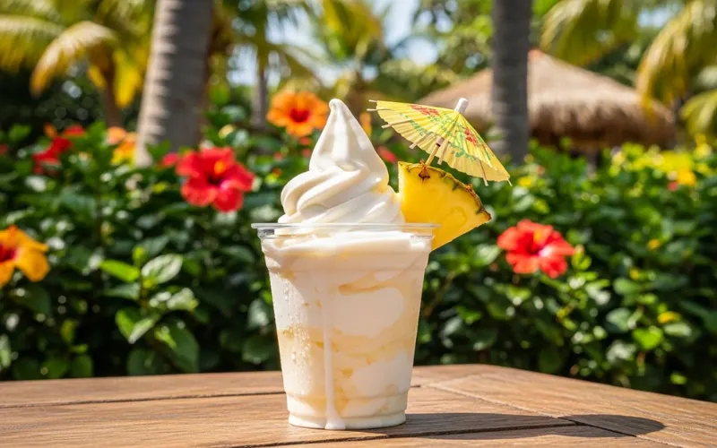 Pineapple Dole Whip in cup, tropical background, Adventureland theme, bright colors
