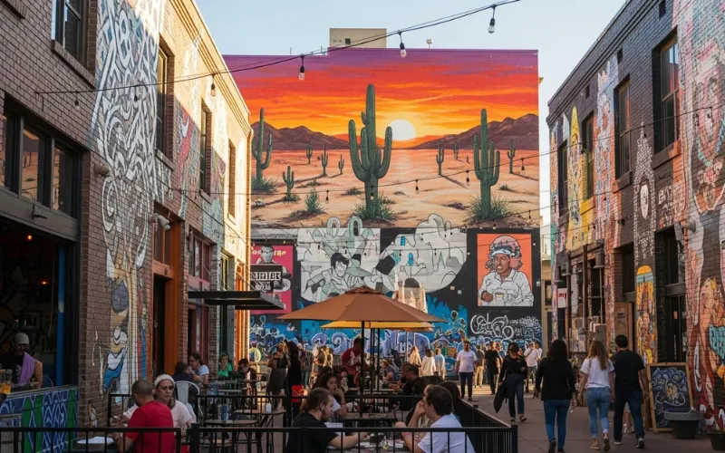 “Roosevelt Row murals, food spots, street art, people dining outdoors, artistic district vibe”