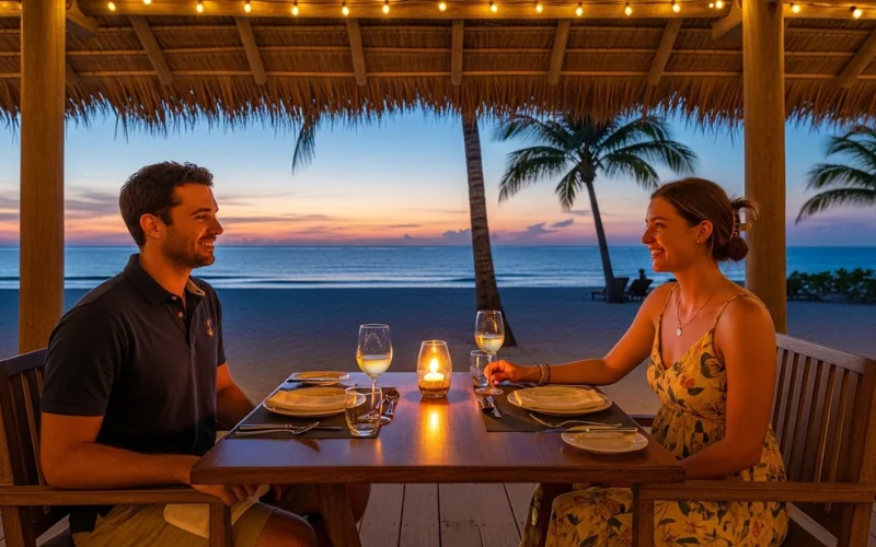 “man in polo shirt and woman in sundress at tropical restaurant, casual elegant dress code, beach restaurant evening”