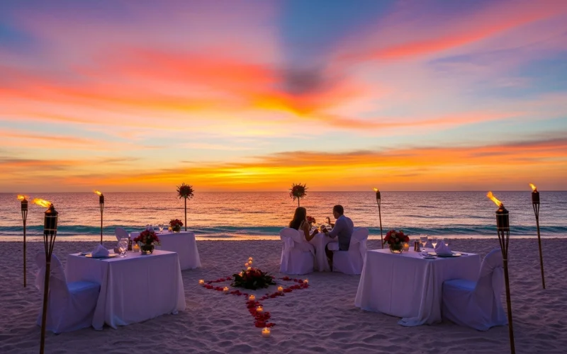 “romantic Eagle Beach Aruba sunset dining, tables on sand, tiki torches, ocean view, elegant beach restaurant”