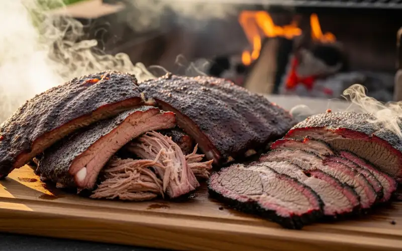 Smoked BBQ ribs and brisket, wooden board, smoke, outdoor BBQ pit