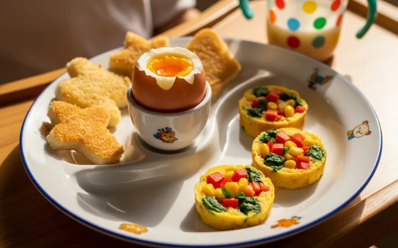 “soft boiled egg with toast soldiers and mini omelettes, toddler breakfast plate, cozy lighting”