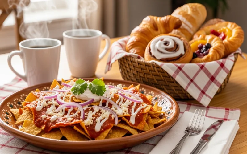 Chilaquiles, pastries, and coffee on breakfast table