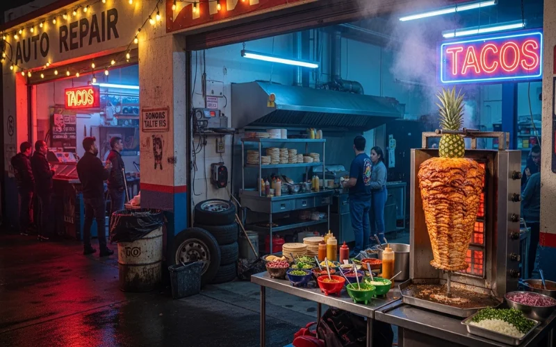 Auto repair shop turned taco stand at night with al pastor trompo