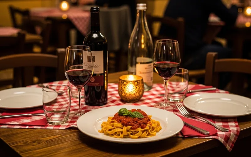 Handmade pasta, Italian restaurant table, wine, romantic lighting