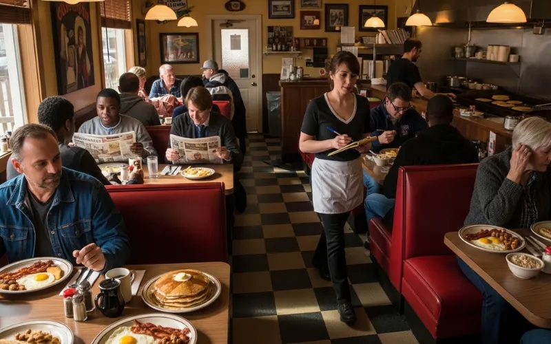 small hidden diner, early morning crowd, simple authentic food setting.