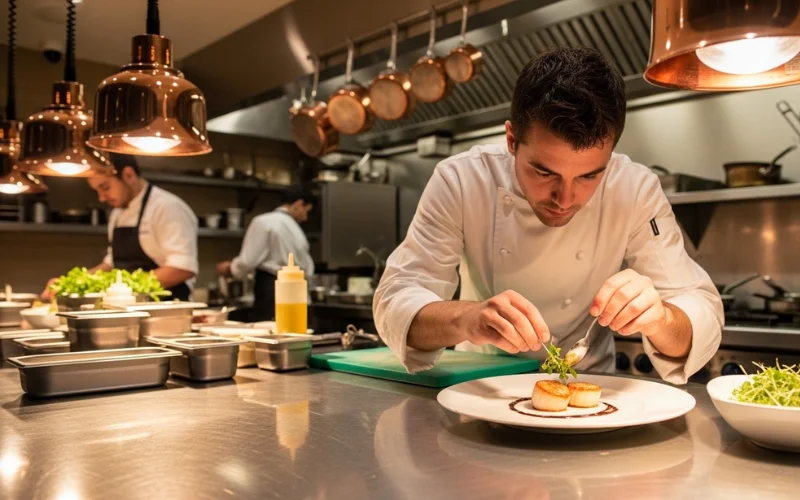 Chef plating food in high-end kitchen with Michelin star ambiance