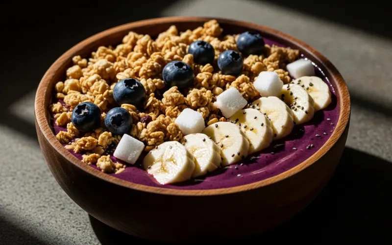 acai bowl and granola with hidden sugar cubes visualized, concept image, high detail, dramatic lighting