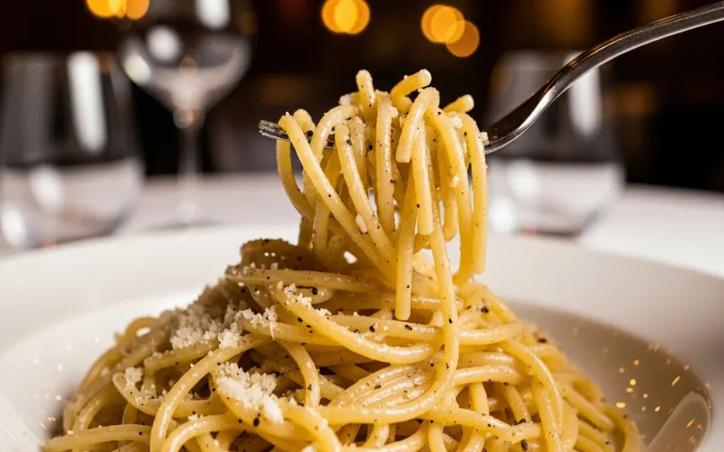“Cacio e pepe pasta close up, handmade pasta, Italian restaurant, warm elegant lighting”