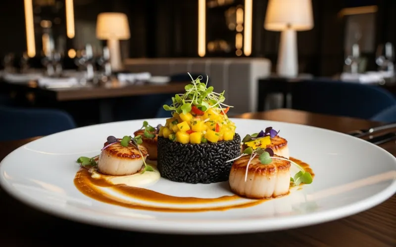 modern fusion cuisine plated artistically, stylish restaurant interior.