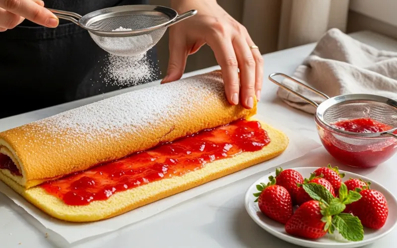 “Spreading jam evenly on sponge, re-rolling cake neatly, finishing with powdered sugar dusting”