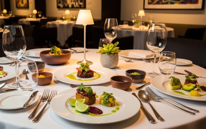 Elegant restaurant table with tasting menu dishes in modern Mexican style