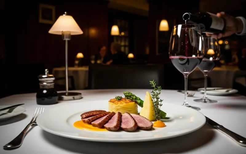Elegant fine dining restaurant, plated gourmet dish, wine, dark lighting