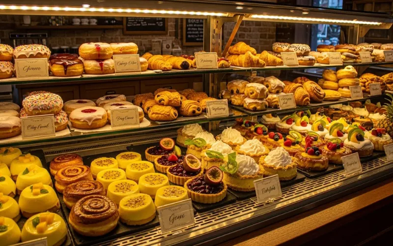 bakery display with donuts, pastries, tropical desserts, warm lighting.