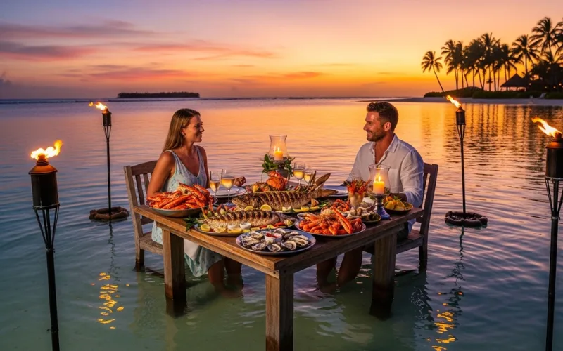 “seafood dinner in ocean water, couple dining with feet in water, sunset, tiki torches, romantic tropical setting”