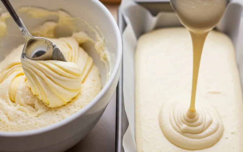 “Gentle folding of batter with metal spoon, airy mixture, batter being poured into tray evenly”