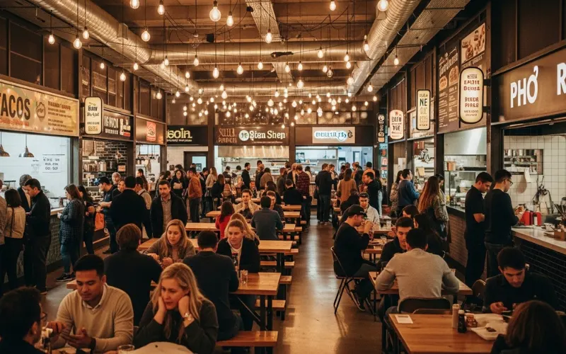 “Food hall with many food stalls, hanging lights, people eating, urban market atmosphere”