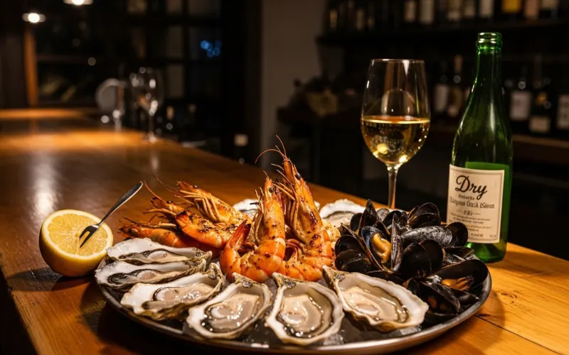 “Oysters and seafood plate, small seafood bar, lemon, wine, moody lighting, seafood photography”