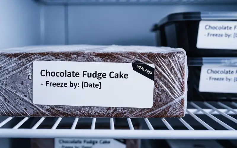 “Frozen wrapped cake labeled for storage, freezer shelf, meal prep concept”