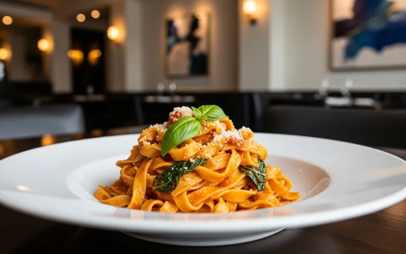 “Handmade pasta on plate, Italian fine dining, modern restaurant interior, elegant food photography”