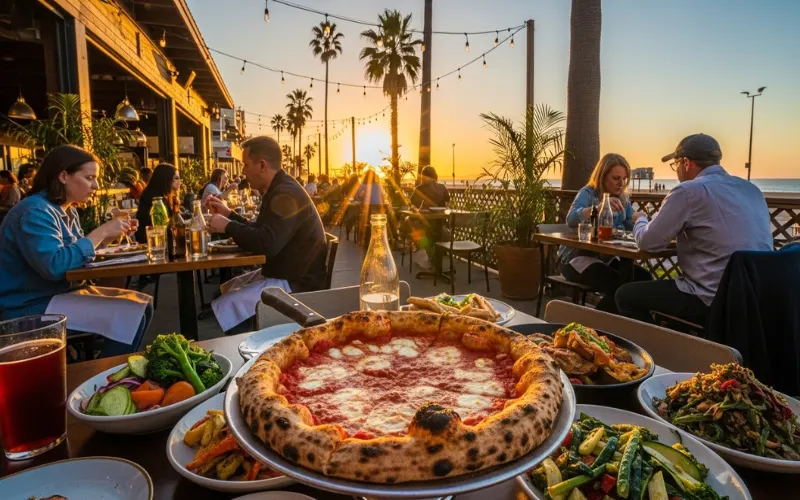 “Wood fired pizza and vegetable dishes, Venice beach restaurant, outdoor dining, sunset lighting”