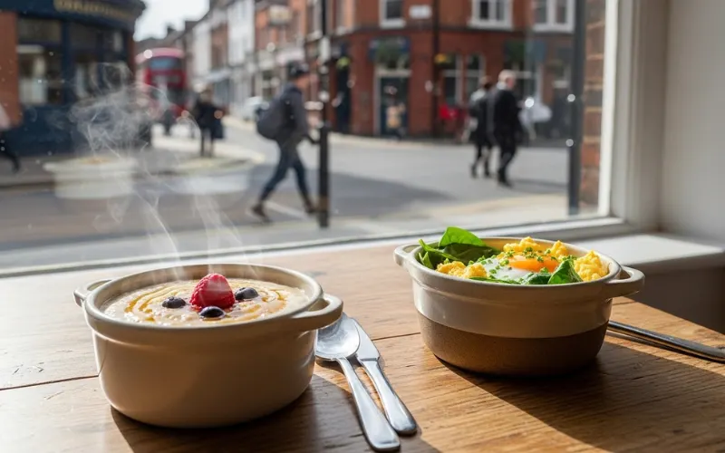 porridge pot and egg protein pot on UK high street table, simple breakfast, natural light, realistic food photography