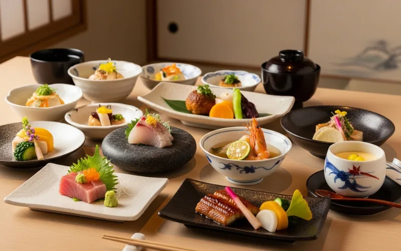 “Japanese kaiseki meal, multiple small dishes, elegant presentation, minimalist Japanese restaurant, soft lighting”