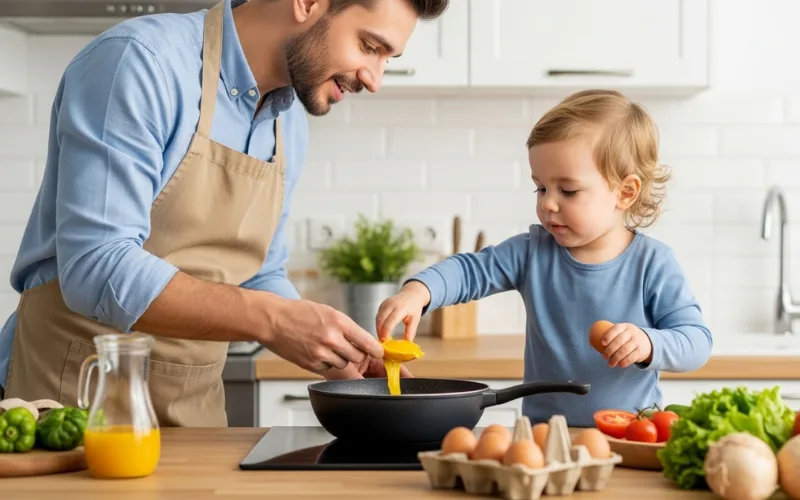 “parent cooking breakfast with toddler helping in kitchen, eggs and vegetables, warm family moment”