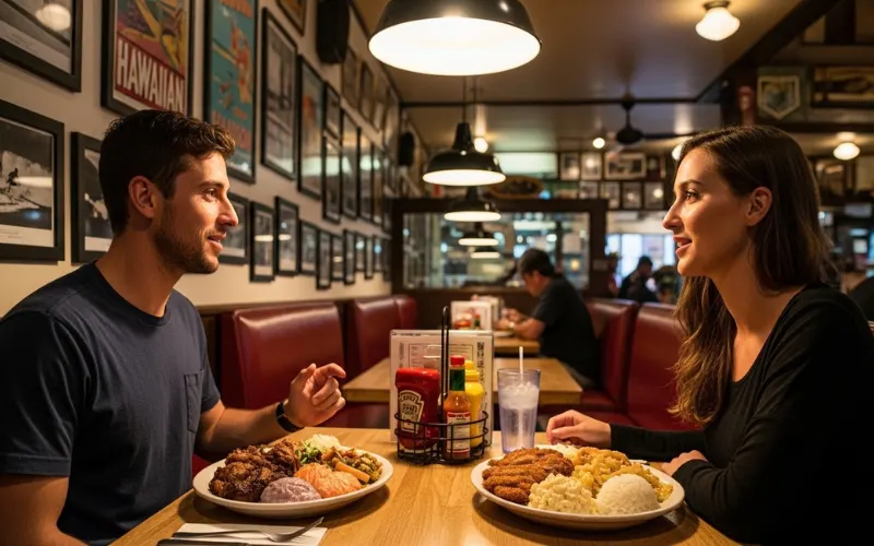 couple dining at cozy Hawaiian restaurant, traditional plate lunch meals on table, casual local eatery atmosphere.