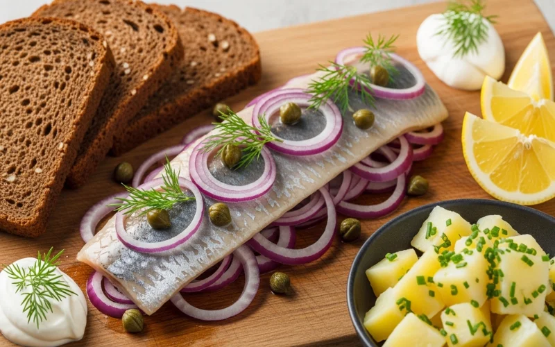 Pickled herring dish with traditional presentation