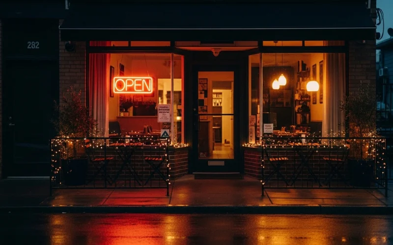 Small local restaurant exterior, neon open sign, cozy neighborhood spot