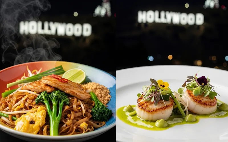 “Thai street food and fine dining dish side by side, Hollywood sign in background, night food photography”