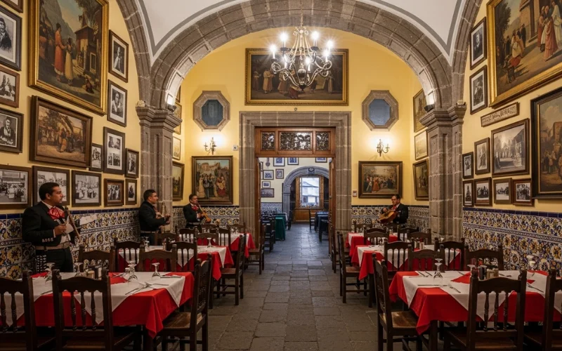 Mexico City street food scene with tacos, chef plating fine dining dish, vibrant city background
