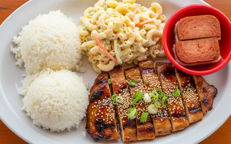 traditional Hawaiian plate lunch with rice, mac salad, meat, top-down food photography.